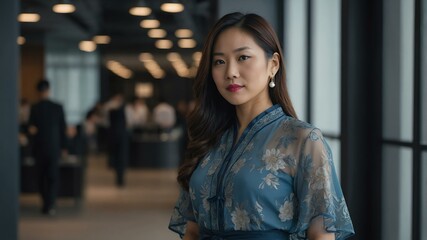 Fototapeta premium twenties asian woman in blue attire on office background model portrait looking confident for ad concept space for text