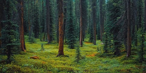 Fototapeta premium A serene woodland scene with tall pine trees, abundant vegetation and a tranquil atmosphere.