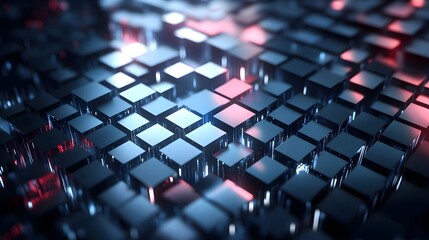 Obraz premium Abstract Grid of Metallic Cubes with Red and Blue Highlights