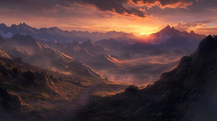 Fototapeta premium A Majestic Mountain Range Basking in the Golden Hues of Sunset