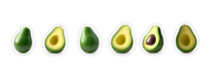 Avocado Ripe Stages Progression, 6 Steps from Green to Brown Pit, Closeup Photo