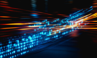 Flowing glowing binary code in a futuristic digital data stream environment