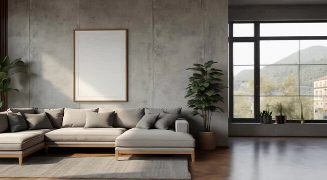 modern city apartment with a large couch grudge walls and canvas	