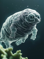 Macro image of a water bear (tardigrade) in its active state, captured under a powerful microscope in a microbiology lab