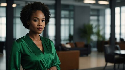 twenties african woman in green attire on office background model portrait looking confident for ad concept space for text