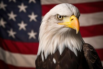Bald eagle with sharp eyes, white head and american flag background. Perfect for patriotic designs and American themed projects. Generative AI