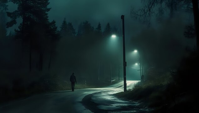 A lone figure walks down a dark road illuminated by streetlights, disappearing into the fog.