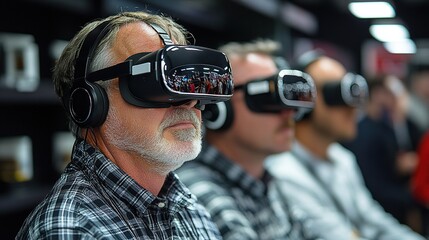 Coworkers discuss VR headset technology, reflecting the adoption of immersive digital tools in the workplace.