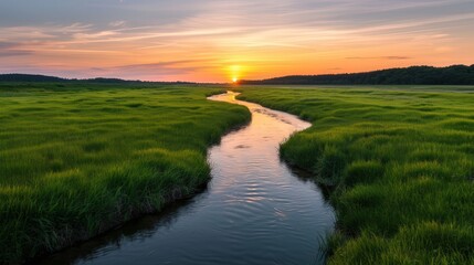 Tranquil Sunset Over Grassy Field and River, a breathtaking view of a vibrant sunset casting warm hues over a lush landscape, creating a peaceful and calming ambiance.