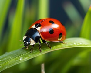 Fototapeta premium Ladybugs on dewy grass in bright sunlight. Perfect for nature blogs, gardening magazines, children's books, and educational materials. Generative AI