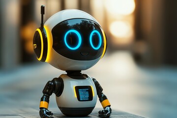 Friendly white and black robot with yellow accents and blue glowing eyes sitting on a gray surface.