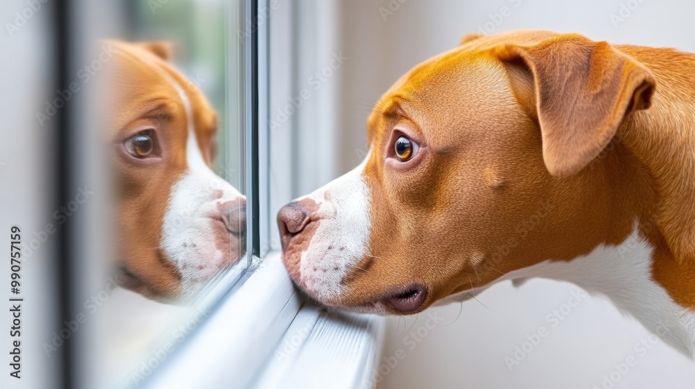 Poster A dog looking out a window with its nose pressed against the glass, AI