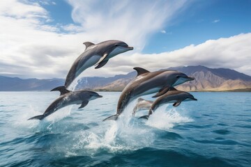 a group of dolphins jumping gracefully against a backdrop of sea water and a clear blue sky. Wildlife, ocean, marine life, cute animals. Generative AI