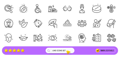 Electric bike, Skin care and Vaccination appointment line icons for web app. Pack of Organic tested, Capsule pill, Organic product pictogram icons. Collagen skin, Diet menu. Search bar. Vector