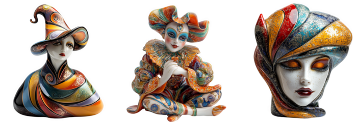 Colorful artisan figurines showcasing unique designs vibrant expression transparent background