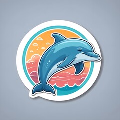 Fototapeta premium Cartoon dolphin jumping over waves with a colorful sunset background in a circular design.