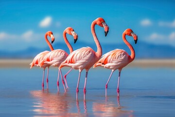 Pink flamingos elegantly stand in serene, shallow blue water. Ideal for travel brochures, wildlife magazines, and tropical themed designs. Generative AI