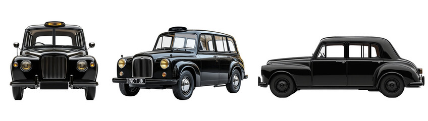 three classic black taxis side view seamless illustration transparent background