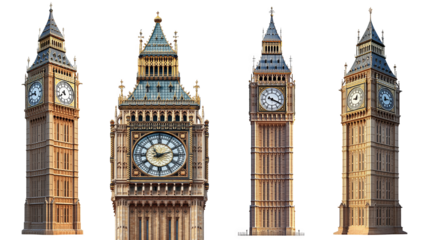 Big Ben iconic clock tower London four views transparent background