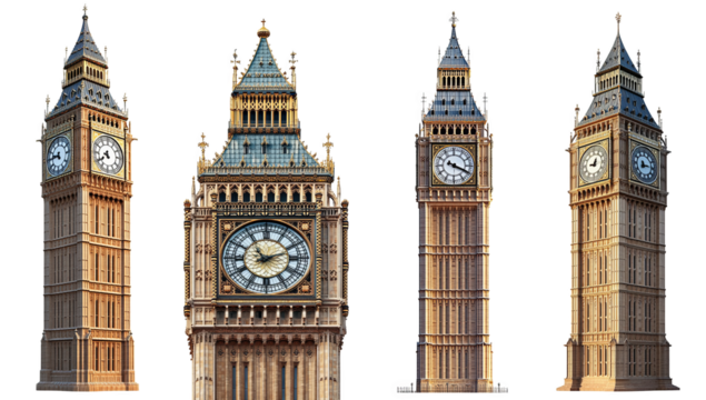 Big Ben iconic clock tower London four views transparent background