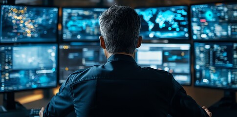 A man sits in front of multiple computer monitors with data displayed on the screens.