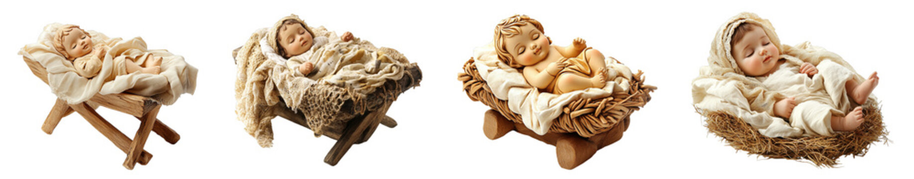 Sleeping newborn figurines on wooden and straw cribs transparent background