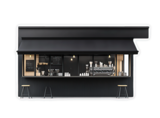 Black coffee shop storefront with awning, windows, counter, and stools