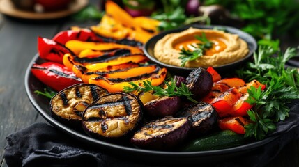 Colorful grilled vegetables served on a black plate with hummus and herbs.