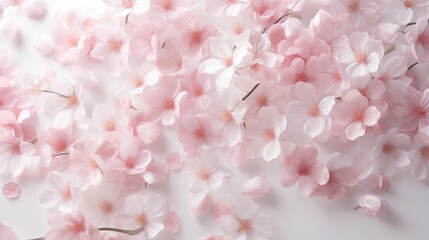 Obraz premium An ethereal composition of delicate cherry blossom petals gracefully scattered on a clean monochromatic backdrop. 