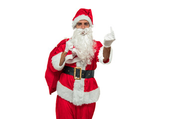 Angry Santa Claus making an obscene gesture while holding a sack of gifts white background