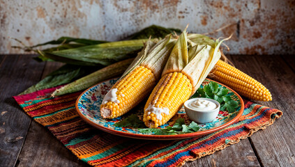 grilled corn on the cob served on a colorful plate with a bowl of creamy sauce, garnished with cilantro. Rustic wooden background