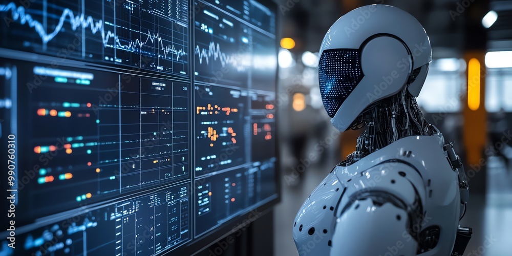 Poster a white robot with a glowing blue eye stares at computer screens displaying data and charts.