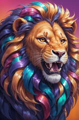 A vibrant lion with a colorful, flowing mane in shades of purple, blue, gold, and pink, sunset backdrop. The image combines the beauty of nature with a fantastical artistic style