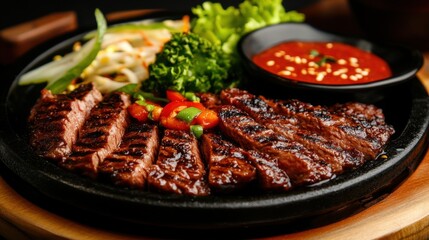 Delicious grilled steak served with fresh vegetables and savory sauce on a black plate.