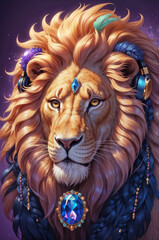 A vibrant lion with a colorful, flowing mane in shades of purple, blue, gold, and pink, sunset backdrop. The image combines the beauty of nature with a fantastical artistic style