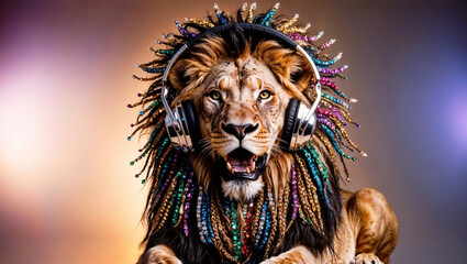 A majestic lion wearing headphones with a vibrant, bejeweled mane styled in colorful braids. The surreal image combines wildlife with modern music culture and artistic expression
