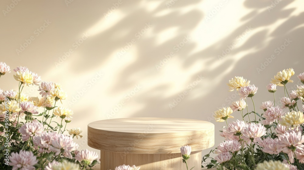 Poster soft light filters through flowers, creating a serene atmosphere around a wooden table. delicate pet