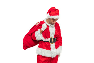 Dejected Santa Claus holding a sack of gifts white background