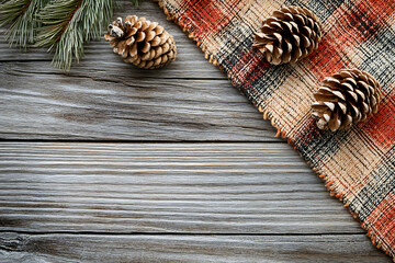 Rustic Christmas background with a wooden texture, pine cones, and plaid patterns