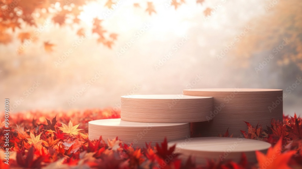Poster in a tranquil autumn landscape, wooden platforms rest on a ground blanketed with vibrant maple leave