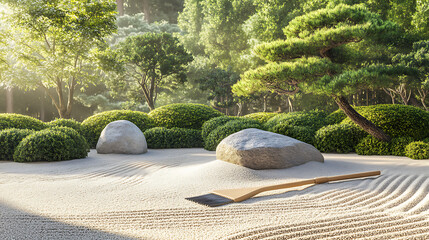 Japanese Zen garden background with raked sand, smooth stones, and carefully pruned bonsai trees