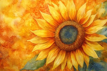 Watercolor painting of a close-up of the center of a sunflower, highlighting the vibrant petals and spiraling seed patterns.


