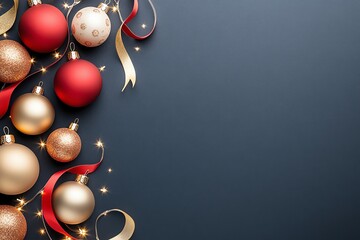 A festive arrangement of colorful Christmas ornaments, ribbons, and lights creating a cheerful holiday atmosphere.