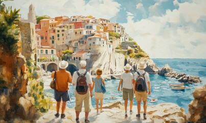 Obraz premium Tourists overlooking Italian coastal town.