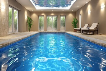 Obraz premium Luxurious indoor swimming pool with glass ceiling and greenery