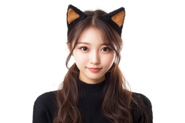 A japanese woman with cat ears isolated on transparent background.