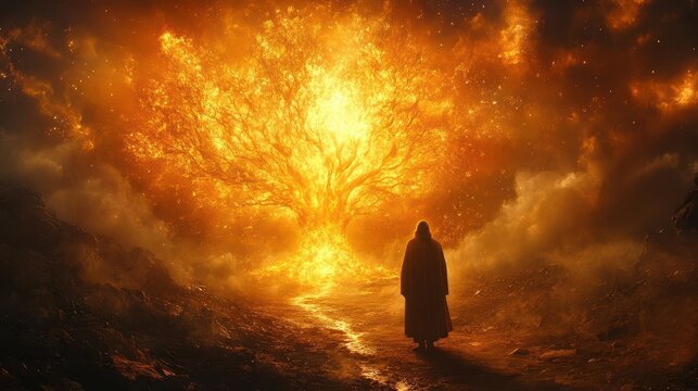 dramatic biblical scene depicting moses facing a vibrant mystical burning bush warm golden light illuminates the awestruck figure against a dark desert backdrop