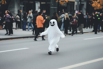 Happy person in ghost costume running during city Halloween parade with crowd in background, fun spooky celebration moment