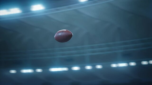 Cinematic Slow-motion Footage of an American Football Ball Flying Across Stadium Scoring Victory Goal. Ball's Trajectory Against a Backdrop of Spectators, Cheering Fans, Repeat TV Screens.