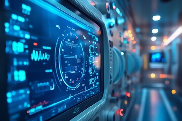 Obraz premium Closeup of a medical monitor displaying vital signs in a modern operating room.